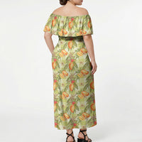 Vintage Hawaii Mango Off Shoulder Maxi Dress Yellow Green Hawaiian Palaka