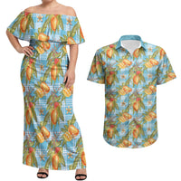 Vintage Hawaii Mango Couples Matching Off Shoulder Maxi Dress and Hawaiian Shirt Blue Hawaiian Palaka