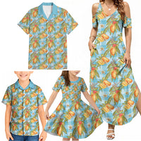 Vintage Hawaii Mango Family Matching Summer Maxi Dress and Hawaiian Shirt Blue Hawaiian Palaka