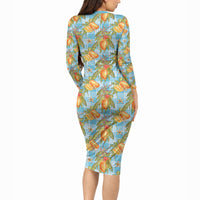 Vintage Hawaii Mango Long Sleeve Bodycon Dress Blue Hawaiian Palaka