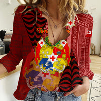 Personalized Tonga Women Casual Shirt Coat Of Arms Tongatapu With Ngatu Pattern LT05 Female Red - Polynesian Pride