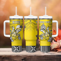 Personalised Happy Niue Constitution Day Tumbler With Handle Niuean Crab Hiapo Pattern Yellow Version