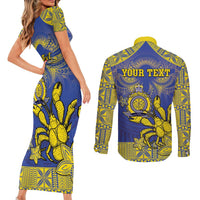 Personalised Niue The Rock Couples Matching Short Sleeve Bodycon Dress and Long Sleeve Button Shirt Niuean Crab Hiapo Pattern Blue Version