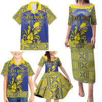 Personalised Niue The Rock Family Matching Puletasi and Hawaiian Shirt Niuean Crab Hiapo Pattern Blue Version LT05 - Polynesian Pride