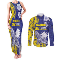 Personalised Nauru 92nd Anniversary Of Angam Couples Matching Tank Maxi Dress and Long Sleeve Button Shirt Polynesian Whale Pattern LT05 Blue - Polynesian Pride
