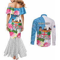 Personalized Fiji Day Couples Matching Mermaid Dress and Long Sleeve Button Shirts Tanoa Hibiscus Fijian Tapa Masi Pattern LT05 - Polynesian Pride