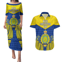 Personalized Niue Constitution Day Couples Matching Puletasi Dress and Hawaiian Shirt Coat Of Arms Niuean Hiapo Pattern LT05 Yellow - Polynesian Pride