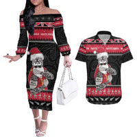 New Zealand Santa Tiki Christmas Couples Matching Off The Shoulder Long Sleeve Dress and Hawaiian Shirt Meri Kirihimete