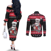 New Zealand Santa Tiki Christmas Couples Matching Off The Shoulder Long Sleeve Dress and Long Sleeve Button Shirt Meri Kirihimete