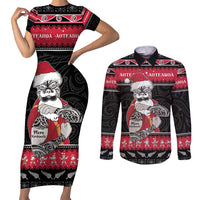 New Zealand Santa Tiki Christmas Couples Matching Short Sleeve Bodycon Dress and Long Sleeve Button Shirt Meri Kirihimete