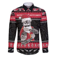 New Zealand Santa Tiki Christmas Family Matching Off The Shoulder Long Sleeve Dress and Hawaiian Shirt Meri Kirihimete