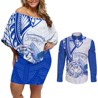 Personalised Northern Mariana Islands Commonwealth Day Couples Matching Off Shoulder Short Dress and Long Sleeve Button Shirt Simple Style LT05 Blue - Polynesian Pride