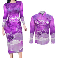 Personalised Pasifika Festival Couples Matching Long Sleeve Bodycon Dress and Long Sleeve Button Shirt Violet Tropical Turtle LT05 Violet - Polynesian Pride