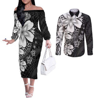 Polynesia Romantic Valentine Couples Matching Off The Shoulder Long Sleeve Dress and Long Sleeve Button Shirt Sea Turtle Couple With Black Plumeria LT05 Black - Polynesian Pride