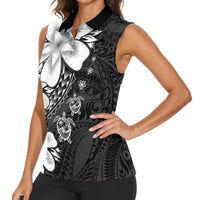 Polynesia Romantic Valentine Women Sleeveless Polo Shirt Sea Turtle Couple With Black Plumeria LT05 - Polynesian Pride