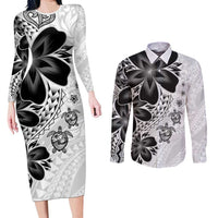 Polynesia Romantic Valentine Couples Matching Long Sleeve Bodycon Dress and Long Sleeve Button Shirt Sea Turtle Couple With White Plumeria LT05 White - Polynesian Pride