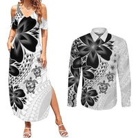 Polynesia Romantic Valentine Couples Matching Summer Maxi Dress and Long Sleeve Button Shirt Sea Turtle Couple With White Plumeria LT05 White - Polynesian Pride