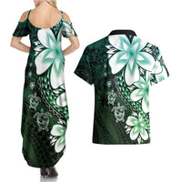 Polynesia Romantic Valentine Couples Matching Summer Maxi Dress and Hawaiian Shirt Sea Turtle Couple With Aqua Gradient Plumeria LT05 - Polynesian Pride
