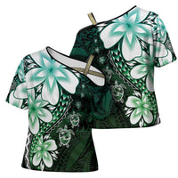 Polynesia Romantic Valentine Cross Shoulder Shirt Sea Turtle Couple With Aqua Gradient Plumeria