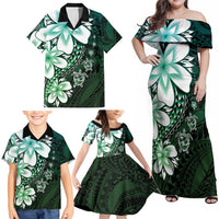 Polynesia Romantic Valentine Family Matching Off Shoulder Maxi Dress and Hawaiian Shirt Sea Turtle Couple With Aqua Gradient Plumeria