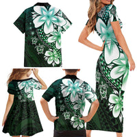 Polynesia Romantic Valentine Family Matching Short Sleeve Bodycon Dress and Hawaiian Shirt Sea Turtle Couple With Aqua Gradient Plumeria