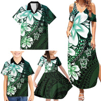 Polynesia Romantic Valentine Family Matching Summer Maxi Dress and Hawaiian Shirt Sea Turtle Couple With Aqua Gradient Plumeria