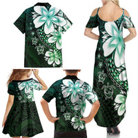 Polynesia Romantic Valentine Family Matching Summer Maxi Dress and Hawaiian Shirt Sea Turtle Couple With Aqua Gradient Plumeria