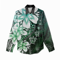 Polynesia Romantic Valentine Women Casual Shirt Sea Turtle Couple With Aqua Gradient Plumeria