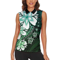 Polynesia Romantic Valentine Women Sleeveless Polo Shirt Sea Turtle Couple With Aqua Gradient Plumeria LT05 - Polynesian Pride