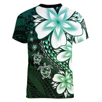 Polynesia Romantic Valentine Women V-Neck T-Shirt Sea Turtle Couple With Aqua Gradient Plumeria