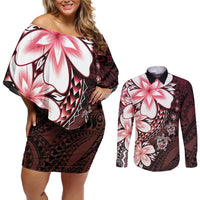 Polynesia Romantic Valentine Couples Matching Off Shoulder Short Dress and Long Sleeve Button Shirt Sea Turtle Couple With Red Gradient Plumeria