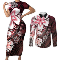 Polynesia Romantic Valentine Couples Matching Short Sleeve Bodycon Dress and Long Sleeve Button Shirt Sea Turtle Couple With Red Gradient Plumeria