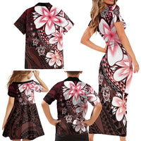 Polynesia Romantic Valentine Family Matching Short Sleeve Bodycon Dress and Hawaiian Shirt Sea Turtle Couple With Red Gradient Plumeria