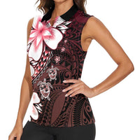 Polynesia Romantic Valentine Women Sleeveless Polo Shirt Sea Turtle Couple With Red Gradient Plumeria