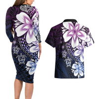 Polynesia Romantic Valentine Couples Matching Long Sleeve Bodycon Dress and Hawaiian Shirt Sea Turtle Couple With Purple Gradient Plumeria LT05 - Polynesian Pride