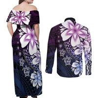 Polynesia Romantic Valentine Couples Matching Off Shoulder Maxi Dress and Long Sleeve Button Shirt Sea Turtle Couple With Purple Gradient Plumeria LT05 - Polynesian Pride