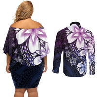 Polynesia Romantic Valentine Couples Matching Off Shoulder Short Dress and Long Sleeve Button Shirt Sea Turtle Couple With Purple Gradient Plumeria LT05 - Polynesian Pride