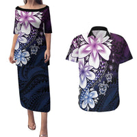 Polynesia Romantic Valentine Couples Matching Puletasi and Hawaiian Shirt Sea Turtle Couple With Purple Gradient Plumeria LT05 Purple - Polynesian Pride