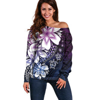 Polynesia Romantic Valentine Off Shoulder Sweater Sea Turtle Couple With Purple Gradient Plumeria