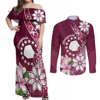 Personalised Cook Island Mangaia Gospel Day Couples Matching Off Shoulder Maxi Dress and Long Sleeve Button Shirt Floral Tribal Pattern LT05 Maroon - Polynesian Pride