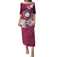 Personalised Cook Island Mangaia Gospel Day Family Matching Puletasi and Hawaiian Shirt Floral Tribal Pattern LT05 Mom's Dress Maroon - Polynesian Pride
