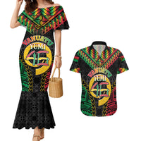 Vanuatu 45th Anniversary Independence Day Couples Matching Mermaid Dress and Hawaiian Shirt Melanesian Warrior With Sand Drawing Pattern LT05 Black - Polynesian Pride