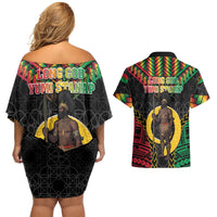 Vanuatu 45th Anniversary Independence Day Couples Matching Off Shoulder Short Dress and Hawaiian Shirt Melanesian Warrior With Sand Drawing Pattern LT05