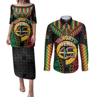 Vanuatu 46th Anniversary Independence Day Couples Matching Puletasi and Long Sleeve Button Shirt Melanesian Warrior With Sand Drawing Pattern LT05 Black - Polynesian Pride