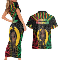 Vanuatu 45th Anniversary Independence Day Couples Matching Short Sleeve Bodycon Dress and Hawaiian Shirt Melanesian Warrior With Sand Drawing Pattern LT05