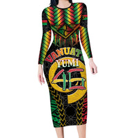 Vanuatu 45th Anniversary Independence Day Family Matching Long Sleeve Bodycon Dress and Hawaiian Shirt Melanesian Warrior With Sand Drawing Pattern LT05