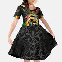Vanuatu 45th Anniversary Independence Day Family Matching Off Shoulder Maxi Dress and Hawaiian Shirt Melanesian Warrior With Sand Drawing Pattern LT05 Daughter's Dress Black - Polynesian Pride