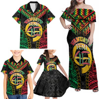 Vanuatu 45th Anniversary Independence Day Family Matching Off Shoulder Maxi Dress and Hawaiian Shirt Melanesian Warrior With Sand Drawing Pattern LT05 - Polynesian Pride