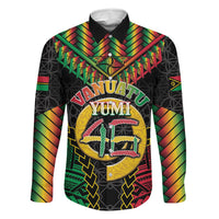 Vanuatu 45th Anniversary Independence Day Family Matching Off Shoulder Maxi Dress and Hawaiian Shirt Melanesian Warrior With Sand Drawing Pattern LT05 Dad's Shirt - Long Sleeve Black - Polynesian Pride