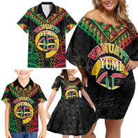 Vanuatu 45th Anniversary Independence Day Family Matching Off Shoulder Short Dress and Hawaiian Shirt Melanesian Warrior With Sand Drawing Pattern LT05 - Polynesian Pride